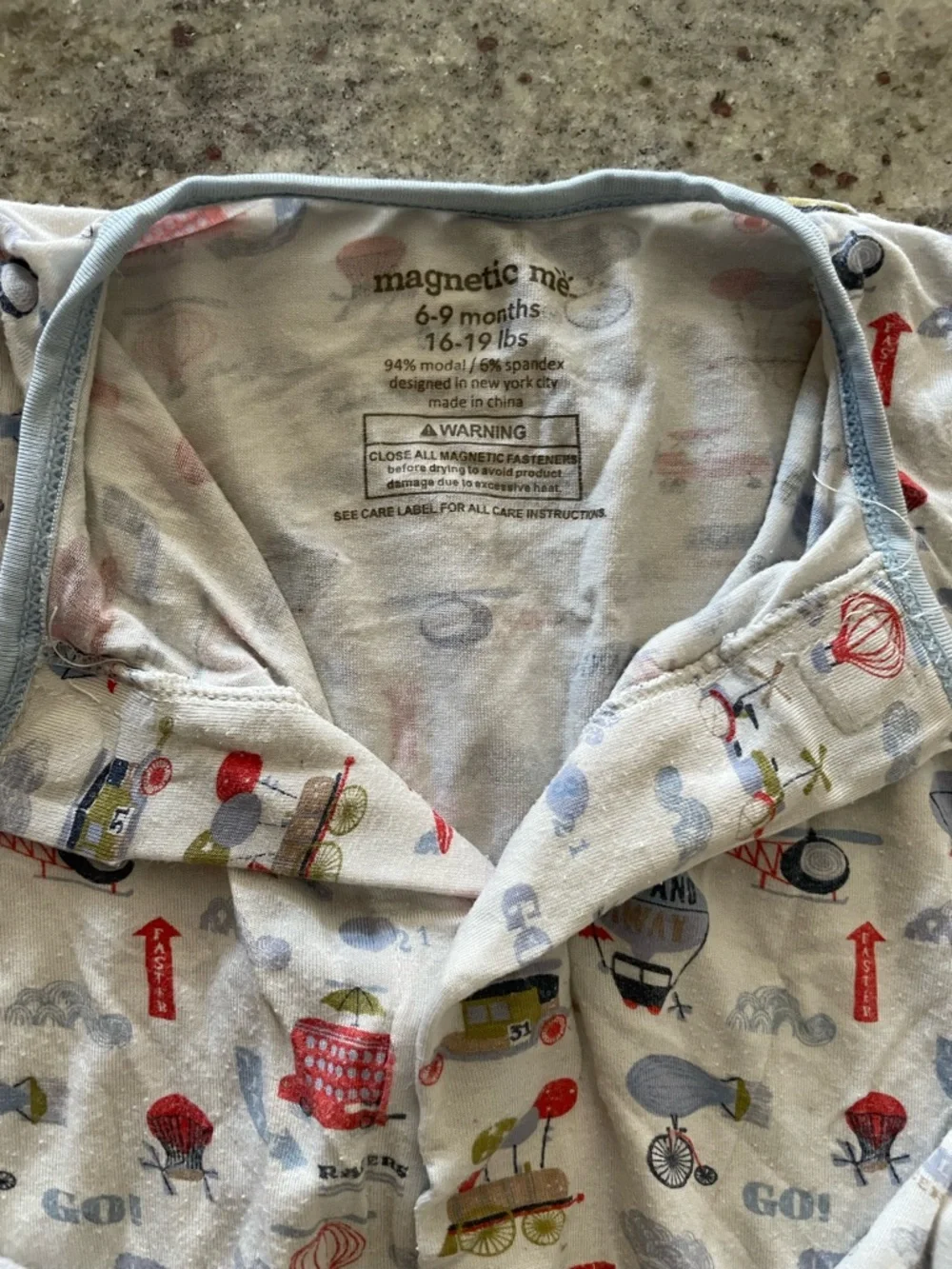 Magnetic Me Baby Footed One-Piece - Light Blue Travel Transportation Print